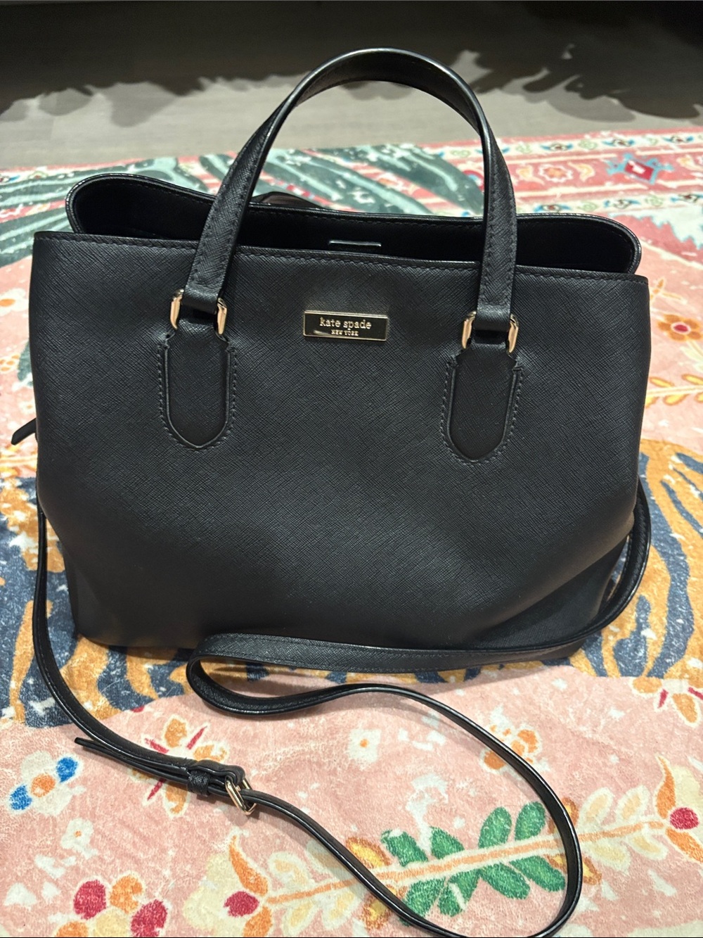 kate spade black saffiano satchel with gold-tone plaque